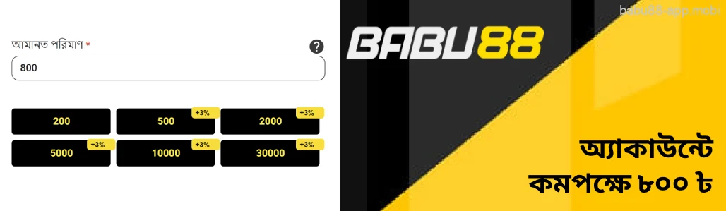 আপনার অ্যাকাউন্টে কমপক্ষে ৳৮০০ যোগ করুন Babu88